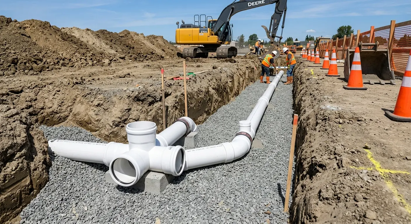New PVC sewer pipe installation in open trench for Commercial Drain Cleaning in Lady Lake