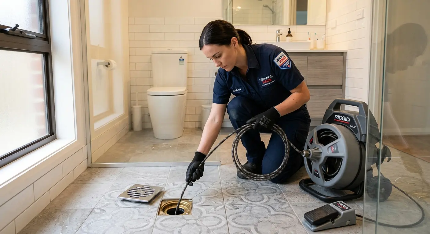 Technician clearing a bathroom floor drain for Clogged Drain Repair in Lady Lake